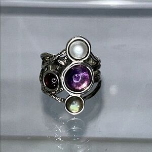 Multi Gemstone Hammered Sterling Silver Ring Designer Passage to Israel Bohemian